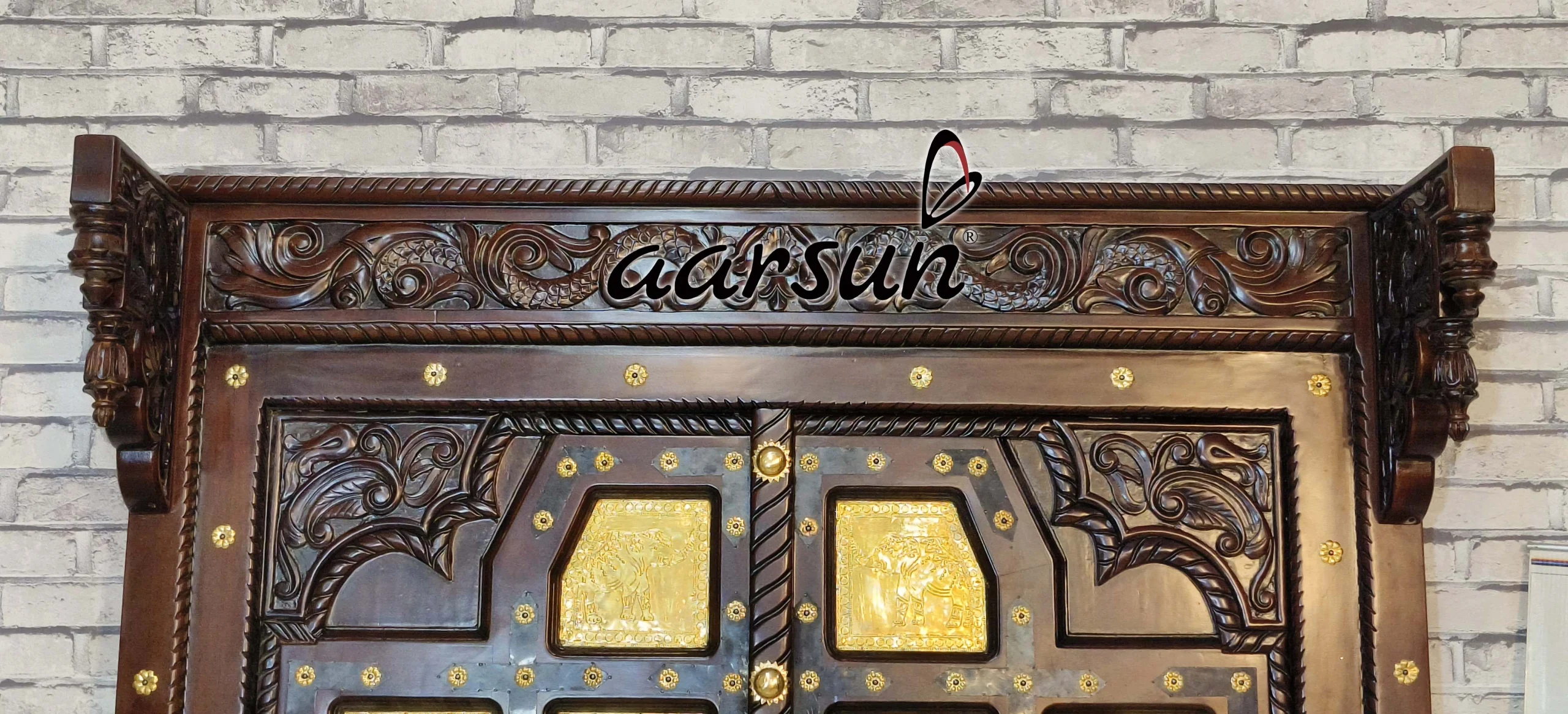 Premium Wooden Double Door with Ornate Brass Work view 3